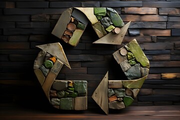 Recycling symbol made of wood on wooden background. Recycling concept