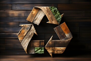 Recycling symbol made of wood on wooden background. Recycling concept