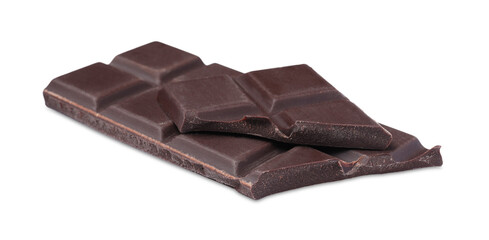 Pieces of delicious dark chocolate bar on white background