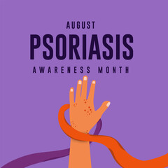 Psoriasis awareness month concept. Orange and purple color ribbons are isolated on Purple background. Poster web banner design.