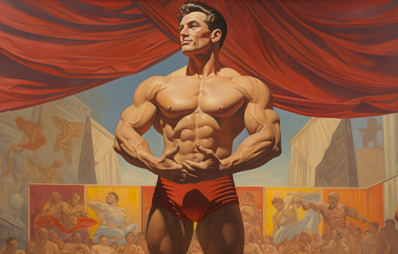 bodybuilder vintage circus painting made with generative ai