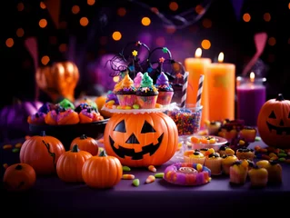 Fotobehang Trick or treat party and Pumpkin Jack-O-Lantern surrounded by halloween decor © JuneDesign