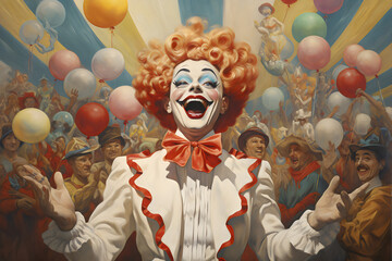 happy female clown in crowd vintage circus painting made with generative ai - obrazy, fototapety, plakaty