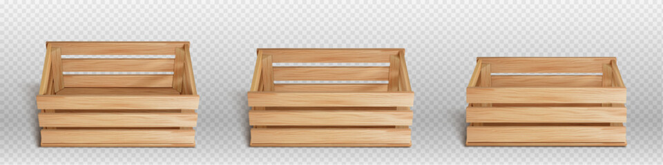 3d vector empty wooden crate box for vegetable or fruit. Realistic render farm basket isolated on background. Timber pallet for harvest different view clipart. Natural wood texture packaging design