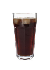 Glass of refreshing soda water with ice cubes isolated on white