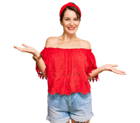 Young brunette woman with short hair wearing casual summer clothes and diadem smiling cheerful with open arms as friendly welcome, positive and confident greetings
