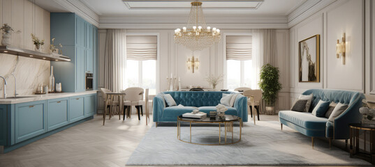 a new home with a large open living room, in the style of photorealistic details, light gold and azure, generative AI