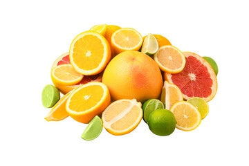 Citrus fruits (orange, lemon, grapefruit, lime) isolated on transparent background. Summer concept. Set of tropical fruits