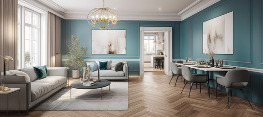 Fototapeta na wymiar a new home with a large open living room, in the style of photorealistic details, light gold and azure, generative AI