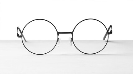 Fototapeta premium Round glasses with metal frame on table against white background