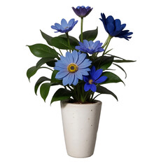 Beautiful blue flowers in a pot, isolated, transparent background