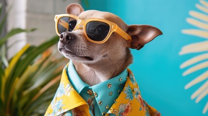 Fashionable animals in glasses. Dogs in beautiful clothes. Glamor fashionable dog in a clothes and glasses. Designer clothes for dogs. Generative ai.