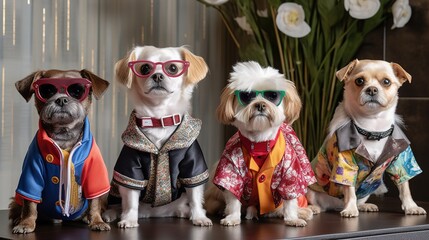 Fashionable animals in glasses.Yorkshire terrier in beautiful clothes. Glamor fashionable dog in a fur coat and glasses. Designer clothes for dogs. Generative ai.