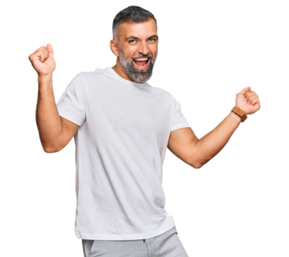 Middle age handsome man wearing casual white tshirt dancing happy and cheerful, smiling moving casual and confident listening to music - Powered by Adobe