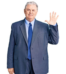 Senior grey-haired man wearing business jacket showing and pointing up with fingers number five while smiling confident and happy.