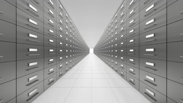 Long rows of metal boxes in the archive 3D 4K animation. Big data concept. Or a morgue. Or a deposit box in the bank.
