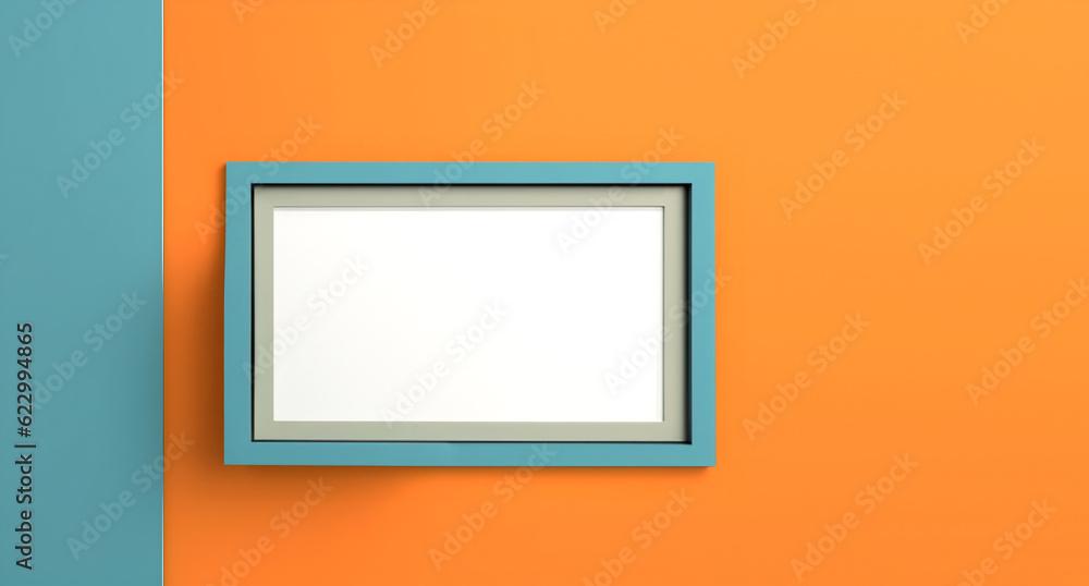 Poster creative minimal mock concept. empty large bright abstract wall room with colourful blank frame. ban