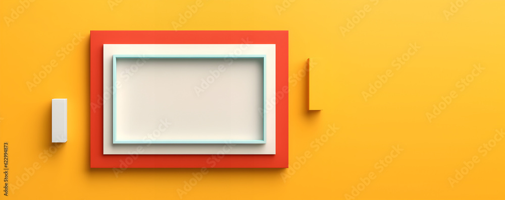Poster creative minimal mock concept. empty large bright abstract wall room with colourful blank frame. ban