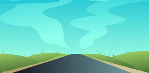 Path through rural hills. Pastures and meadows. Landscape with an asphalt road stretching into distance. Journey beyond horizon. Cartoon fun style. Flat design. Vector.