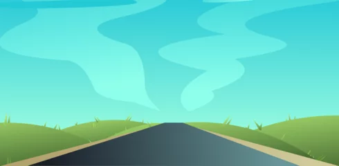 Fototapete Meergrün Path through rural hills. Pastures and meadows. Landscape with an asphalt road stretching into distance. Journey beyond horizon. Cartoon fun style. Flat design. Vector.  © Natalia