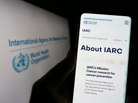 Stuttgart, Germany - 07-04-2023: Person holding cellphone with webpage of International Agency for Research on Cancer (IARC) on screen with logo. Focus on center of phone display.