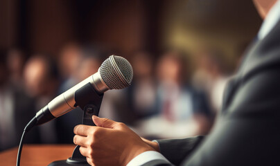 Male journalist at news conference or media event, holding microphone, writing notes. Journalism concept.