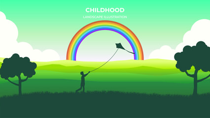 Vector silhouette illustration of boy with kite. Vector landscape illustration for poster, picture, design, background, wallpaper