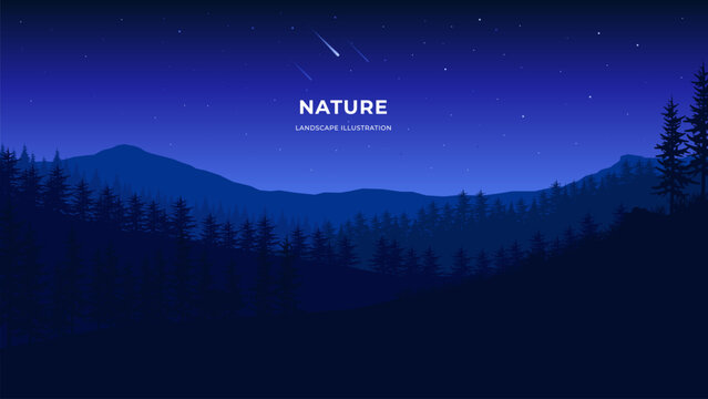 Vector silhouette illustration of night sky and mountains. Vector landscape illustration for poster, picture, design, background, wallpaper