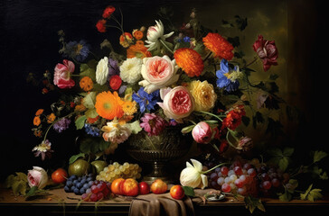Flower Still Life Bouquet in Vintage Vase, Ancient Dutch Masters Imitation, Abstract Generative AI Illustration