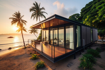 Fototapeta premium A seaside holiday cottage at sunset