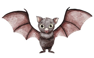 Watercolor character illustration - cute halloween bat isolated on white background. For fabric, halloween decoration, invitation, card.