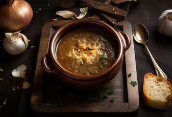 Onion Soup, French Food, Traditional Onion Soup on Dark Background, Abstract Generative AI Illustration