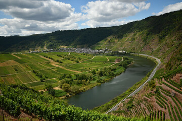 Bird's eye view of the Moselle loop surrounded by greenery and vineyards in Germany