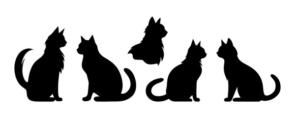 Set black cats, isolated on white background. Vector illustration, Halloween decorative elements. Feline silhouettes, black cat - for logo of homeless animal shelter. Animal theme.