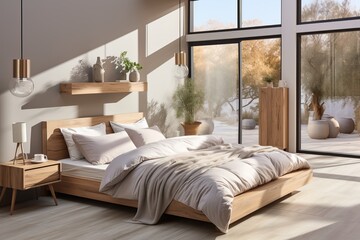 Beautiful minimal bedroom with a double bed, generative ai