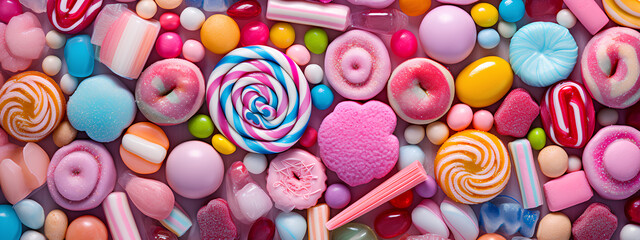 Fototapeta na wymiar colorful candy background, top view