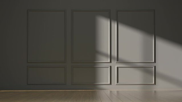 Sunshine through window with shadow moves in the dark empty room. Modern room interior, copy space. 4k loop animation.