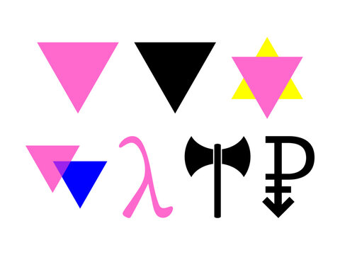 Triangle badges LGBT, biangles for bisexuality, lambda for gay liberation. LGBT signs symbols set. Labrys for lesbian feminism, Pansexual symbol.