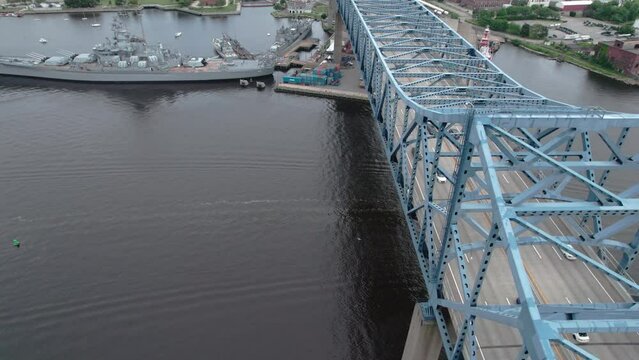 Aerial video of traffic on the Charles M Braga Jr Memorial Bridge in Fall River, MA.