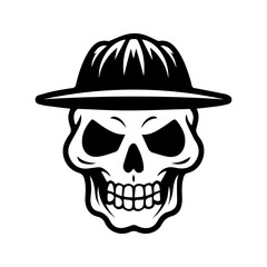Skull in hat silhouette, isolated on white background. Halloween silhouette black skull logo - for scary design or decor. Vector illustration, traditional Halloween decorative element. Tattoo design.