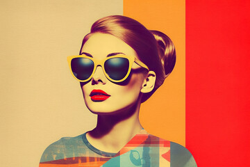 Retro Woman Collage. Minimalistic Nostalgic Pop Art Poster, Trendy and Cool Colourful Design, Glamour and Elegance in Graphic Artwork, Creative Inspiration. Generative AI.