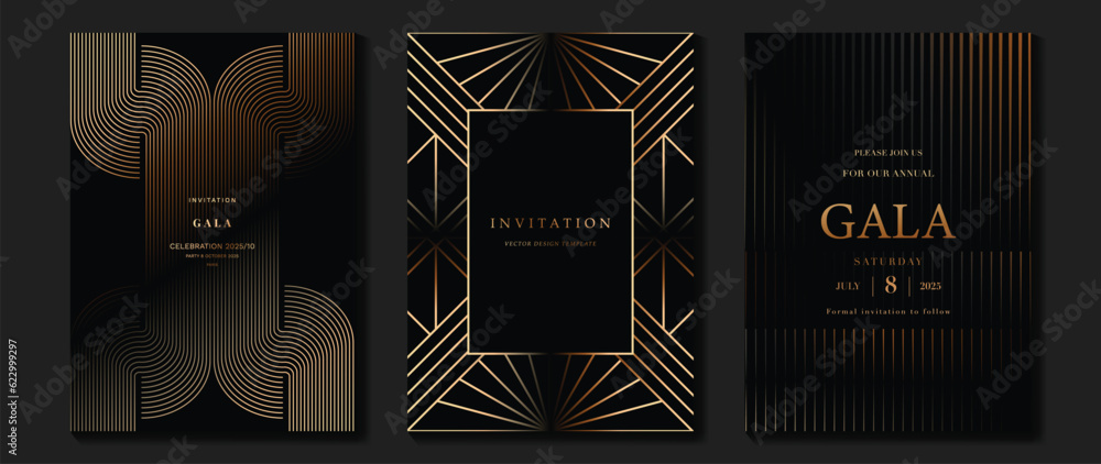 Wall mural luxury invitation card background vector. golden elegant geometric shape, gold lines gradient on dar