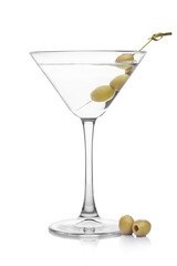 Vodka martini gin cocktail in classic glass with olives on bamboo stickwith fresh green olives on white background with reflection.