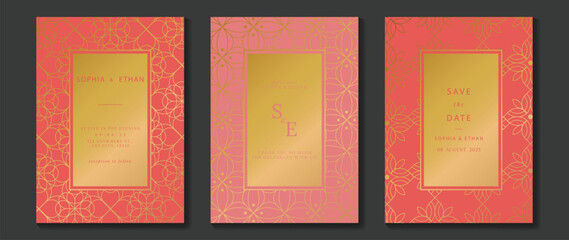 Luxury invitation card background vector. Golden elegant geometric shape, gold lines gradient on pink background. Premium design illustration for gala card, grand opening, party invitation, wedding.