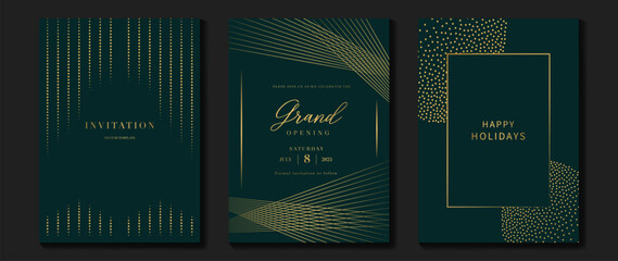 Luxury invitation card background vector. Golden elegant geometric shape, gold lines gradient on green background. Premium design illustration for gala card, grand opening, party invitation, wedding.