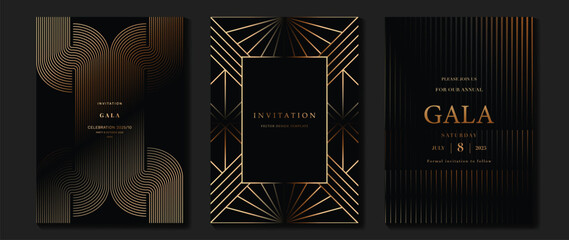 Luxury invitation card background vector. Golden elegant geometric shape, gold lines gradient on dark background. Premium design illustration for gala card, grand opening, party invitation, wedding. - Powered by Adobe