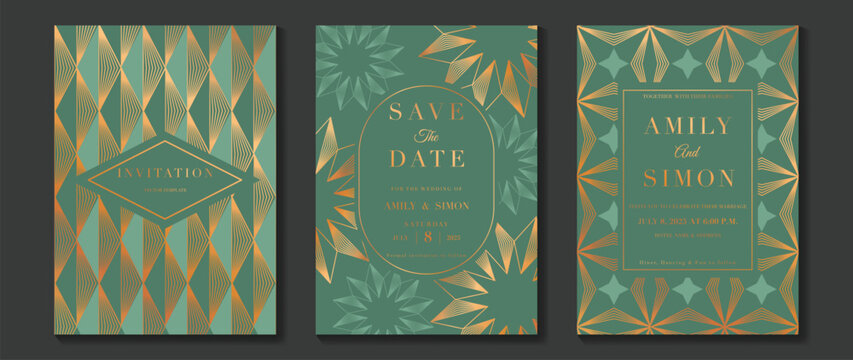 Luxury invitation card background vector. Golden elegant geometric shape, gold lines gradient on green background. Premium design illustration for gala card, grand opening, party invitation, wedding.