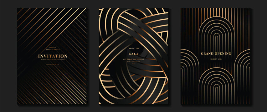 Naklejki Luxury invitation card background vector. Golden elegant geometric shape, gold lines gradient on dark background. Premium design illustration for gala card, grand opening, party invitation, wedding.