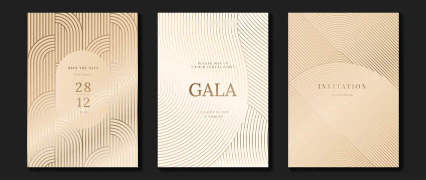 Luxury invitation card background vector. Golden curve elegant, gold lines gradient on light color background. Premium design illustration for gala card, grand opening, party invitation, wedding.