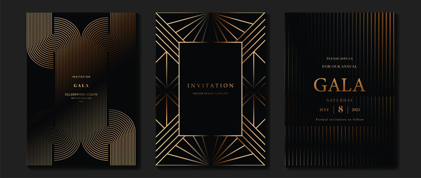 Luxury invitation card background vector. Golden elegant geometric shape, gold lines gradient on dark background. Premium design illustration for gala card, grand opening, party invitation, wedding.
